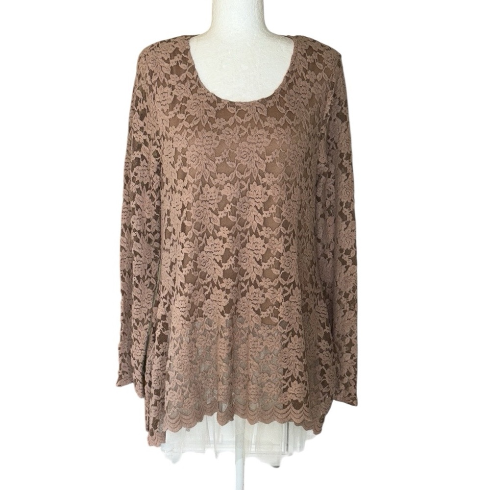 Anthropologie A’reve Mocha Brown Crochet Lace Ivory Mesh Mini Dress Tunic Top  L